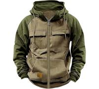 Generisch Pull pour homme - Fermeture éclair 1/4 - Pull de travail cargo avec poches multiples - Vintage - Pull à capuche rétro en polaire - Manches longues - Veste de transition d'hiver, kaki, L