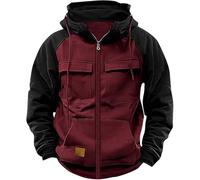Generisch Pull pour homme - Fermeture éclair 1/4 - Pull de travail cargo avec poches multiples - Vintage - Pull à capuche rétro en polaire - Manches longues - Veste de transition d'hiver, rouge, M