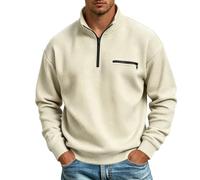 Generisch Pull pour homme, motif gaufré, demi-fermeture éclair, sweat-shirt | Pull chaud et confortable, décontracté, couleur unie, col rond, coupe régulière, haut à manches longues, sans capuche