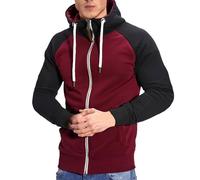 Generisch Pull pour homme - Sweat à capuche avec fermeture éclair - Veste de chemise avec poches pratiques - Manteau d'automne - Couleur contrastée - Veste à capuche moelleuse, Bordeaux, XXL