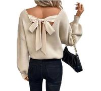 Generisch Pull sexy pour femme avec coupe épaules dénudées et nœud dans le dos, pull décontracté en tricot avec col en V, mode automne-hiver tendance, beige, L
