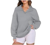 Generisch Pull uni pour femme avec boutonnière, col en V, sans capuche, manches longues, gris, XL