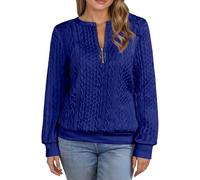 Generisch Pull uni pour femme avec fermeture éclair sur le t-shirt de sport à manches longues sans poche avant pour un confort décontracté, bleu, XL