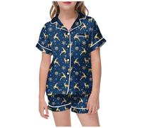 Generisch Pyjama animaux adultes filles pyjama ensemble avec motif de Noël et imprimé, manches courtes, haut avec boutonnière, short peignoir enfant éponge 98, bleu, 4-5 ans