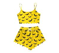 Generisch Pyjama avec poignets pour Halloween - Pyjama court en coton - Ensemble de pyjama deux pièces - Pour l'été - Manches courtes - Vêtement de nuit pour femme, Pyjama B3 jaune, XL
