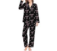 Generisch Pyjama classique pour femme avec motif nœud - Ensemble 2 pièces composé d'une chemise boutonnée et d'un pantalon large - Vêtement de nuit mignon - Élégant pour des nuits confortables, Noir
