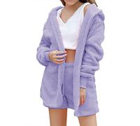 Generisch Pyjama court en peluche pour femme - 3 pièces - Sexy - Élégant - Solide - Col en V - Short taille haute + manteau à manches longues - Ensemble de pyjama sportif - Vêtement de détente, 01