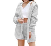 Generisch Pyjama court en peluche pour femme - 3 pièces - Sexy - Élégant - Solide - Col en V - Short taille haute + manteau à manches longues - Ensemble de pyjama sportif - Vêtement de détente, gris