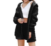 Generisch Pyjama court en peluche pour femme - 3 pièces - Sexy - Élégant - Solide - Col en V - Short taille haute + manteau à manches longues - Ensemble de pyjama sportif - Vêtement de détente, Noir