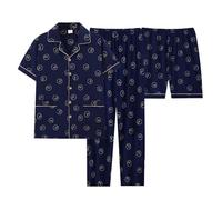 Generisch Pyjama court pour homme - Pantalon de pyjama long en coton - Combinaison d'intérieur - Respirant - Chemise de nuit - Col en V - Vêtement de détente - Trois pièces - Manteau de maison, bleu