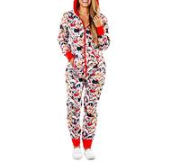 Generisch Pyjama de Noël pour femme - Manches longues - Capuche - Avec col en V - Fermeture éclair avant pratique pour des heures de fête confortables, rouge, M