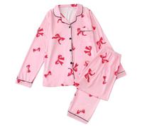 Generisch Pyjama de rêve en satin imprimé nœud 2025, haut à manches longues, pantalon long, vêtements de nuit confortables pour la Saint-Valentin, Rose, L