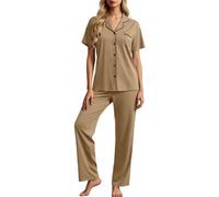 Generisch Pyjama d'été à manches courtes avec col boutonné comme vêtement de nuit confortable en deux pièces pour femme, kaki, XXL