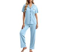 Generisch Pyjama d'été à manches courtes avec col boutonné comme vêtement de nuit confortable en deux pièces pour femme, bleu ciel, M