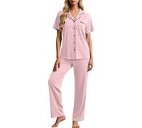 Generisch Pyjama d'été à manches courtes avec col boutonné comme vêtement de nuit confortable en deux pièces pour femme, Rose, S