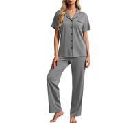 Generisch Pyjama d'été à manches courtes avec col boutonné comme vêtement de nuit confortable en deux pièces pour femme, gris, S