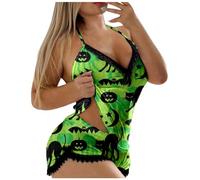 Generisch Pyjama d'Halloween pour femme - Court - Vêtement de nuit d'hiver - Grandes tailles - Boutons - Pantalon de nuit en coton, Pyjama B2 vert, XXL