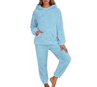 Generisch Pyjama Doux à Manches Longues Automne Mode Décontracté Sweat à Capuche Polaire Décontracté Vêtements de Lounwear 2 Pièces avec Poche (Light Blue, M)