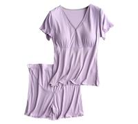 Generisch Pyjama en satin doux et confortable pour femme - Ensemble pyjama de maternité pour les mères allaitantes - Vêtement de détente post-partum avec soutien-gorge intégré - Lingerie rouge, lilas