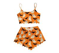 Generisch Pyjama en satin rose sans manches ensemble short pour femme vêtements d'intérieur décontractés imprimé Halloween vêtements de tous les jours confortables deux pièces été, Orange, M