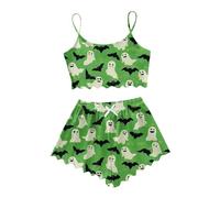 Generisch Pyjama en satin rose sans manches ensemble short pour femme, vêtements d'intérieur décontractés, imprimé Halloween, vêtements de tous les jours confortables deux pièces été, vert, XL