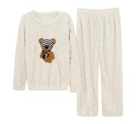 Generisch Pyjama en Soie Femme Couleur Unie Ours en Peluche Jacquard Flanelle Costume Chaud Hiver Épais Vêtements de Maison Femmes Chat, Blanc., taille unique