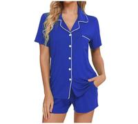 Generisch Pyjama en soie pour femme Vêtements de nuit boutonnés Shorts doux pour la maison Ensembles de vêtements d'intérieur Chemises de sommeil pour femmes, bleu, L