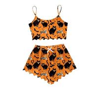 Generisch Pyjama Femme Dentelle Courte pour Femmes, Vêtements d'intérieur décontractés, Imprimé Halloween, Vêtements de tous les jours confortables Ensemble de survêtement, Orange, L