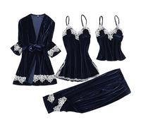 Generisch Pyjama Femme Sexy Dentelle Pyjama Femme Ensemble de Pyjama en Velours Doré, Ensemble de Pyjama 4 Pièces, Marine, XXL