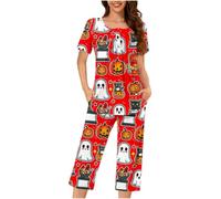 Generisch Pyjama grenouillère pour femme - Pour Halloween et carnaval - Confortable - Deux pièces - Avec joli imprimé citrouille pour des soirées détendues et un sommeil réparateur en quatre saisons