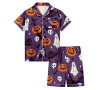 Generisch Pyjama Licorne Halloween Pyjama Respirant Été Manches Courtes Ensemble de Pyjama Court Satin Doux, Pyjama C5 violet, 6-7 ans