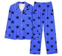 Generisch Pyjama long décontracté pour femme avec col en V, poche boutonnée, imprimé étoile, bleu foncé, XL