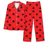 Generisch Pyjama long décontracté pour femme avec col en V, poche boutonnée, imprimé étoile, rouge, S