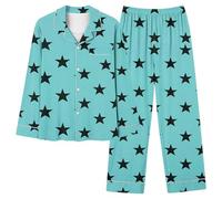 Generisch Pyjama long décontracté pour femme avec col en V, poche boutonnée, imprimé étoile, Vert menthe., XL