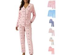 Generisch Pyjama long en coton ample pour femme - Imprimé chaud - Pyjama à carreaux - Ensemble 2 pièces - Vêtement de détente avec boutonnière - Vêtements de nuit avec poches - Haut à revers