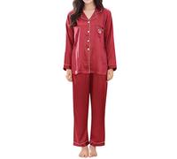 Generisch Pyjama long pour femme - 2 pièces - Revers - Pantalon de nuit + jambe droite - Couleur unie - Stretch - Léger - Confortable - Décontracté - Pour la maison et le sommeil