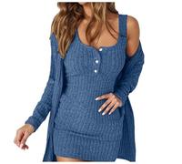 Generisch Pyjama pour femme, 2 pièces, élégant, en maille côtelée, robe débardeur et cardigan, robe de loisirs, tenue de maison, combinaison de loisirs, pyjama, bleu, S