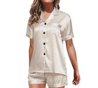 Generisch Pyjama pour femme à manches courtes en satin, 2 pièces pour femme, élégant, court, shorty chic, combinaison d'intérieur avec boutonnière, pyjama, manchettes, nuisette, vêtement de nuit