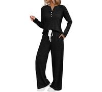 Generisch Pyjama pour femme - Col roulé moelleux - Ensemble d'hiver chaud et confortable - Deux pièces - Confortable - Thermique - Vêtement de détente en tricot, Noir , M