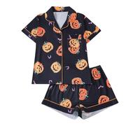 Generisch Pyjama pour femme en coton - Ensemble pyjama pour femme - Pantalon de pyjama avec poignets - Manches longues - Coton - Vêtements de nuit d'Halloween, Pyjama B8 noir, XL