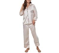 Generisch Pyjama pour femme en satin, ensemble de pyjama deux pièces douillet vêtements de nuit col en V combinaison de maison avec boutonnière manches longues en soie vêtements de nuit 2 pièces