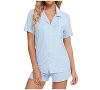 Generisch Pyjama pour femme Hiver Chaud Bouton Down Vêtements de nuit Short Doux Ensemble de vêtements d'intérieur Peignoir en polaire pour femme, bleu clair, L