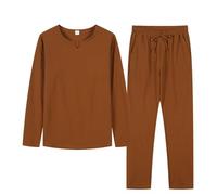 Generisch Pyjama pour homme - Col en V - Manches longues et short de nuit - 2 pièces - Couleur unie - Confortable et respirant - Doux - Vêtement de nuit classique, café, 3XL