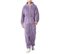 Generisch Pyjama pour homme, long, en peluche, chaud, avec fermeture éclair, en polaire en peluche, combinaison de nuit, zippée, avec capuche et poches, douillet, vêtements de détente pour l’hiver