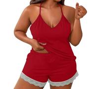 Generisch Pyjama sexy pour femme - Grandes tailles - Ensemble pyjama d'été court - Col en V - Dentelle - Haut et short - Deux pièces - Nuisette - Vêtement de détente, rouge, 4XL