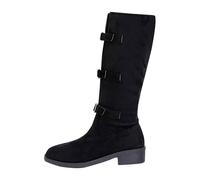 Generisch Remix Bottes hautes pour femme avec sangle à boucle Aspect daim souple Talon plat Chaussures de loisirs pour femme, Noir , 40 EU
