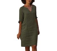 Generisch Robe 44 Lin Manches Courtes Vacances Semi Casual Femme Col V Mini Robe Couleur Unie Robe Femme 2 Pièces Robe Femme Élégante, Vert armée., M