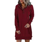 Generisch Robe à capuche décontractée pour femme - Sweat à manches longues - Pull boutonné avec cordon de serrage - Robe légère, Bordeaux, S