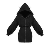 Generisch Robe à capuche moulante pour femme avec oreilles de chat - Robe sweat courte avec fermeture éclair - Mini robe décontractée et ludique pour un look gothique, Style_n01 Noir, M