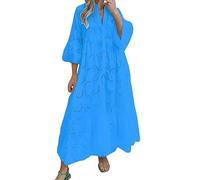 Generisch Robe à col en V et manches évasées en dentelle ajourée en coton - Robe longue sexy pour femme - Robe d'été à manches longues festive, bleu, S